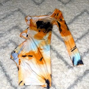 Tie dye one shoulder ring cut out dress
